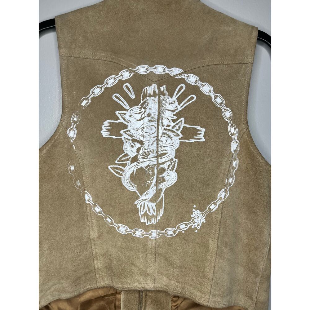 Vintage 70s Levi’s Tan Suede Leather Vest Western Graphic Back Size Medium - Picture 5 of 7